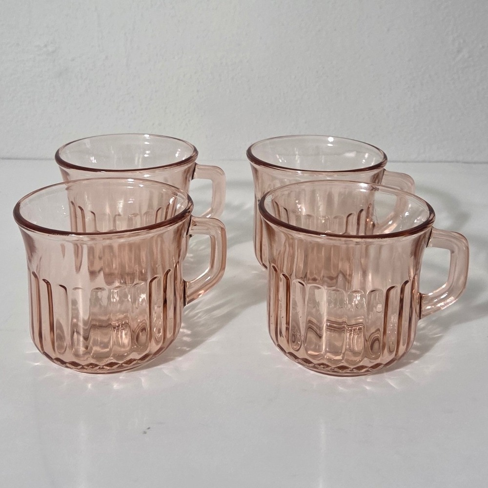 Crisa Pink Depression Glass Mugs Set of 4 Ribbed Panel Coffee Tea Cups Mexico